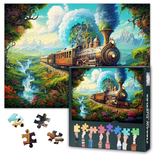Fantasy Landscape 1000 Piece Puzzle for Adults, Steam Locomotive in the Jungle Jigsaw Puzzles 1000 Pieces, Impossible Challenging Jigsaw Puzzles for Adults, 19.5 x 27.5 Inch