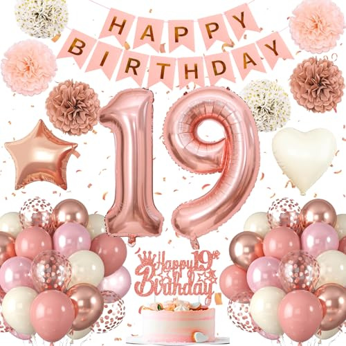 19.Geburtstag Dekoration,19 geburtstag Mädchen Rosa Rosegold,Geburtstagsdeko 19.,Luftballons 19.geburtstag Happy Birthday Girland Ballon 19 Deko zum Geburtstags,Geburtstagsdeko 19 Jahr