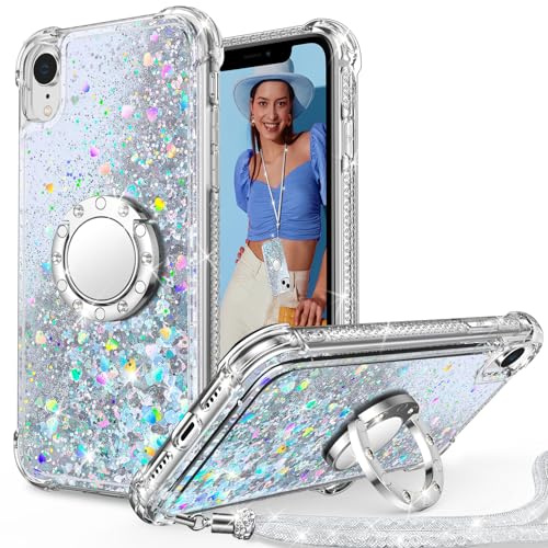 Unlicaku für iPhone XR Hülle mit Band, HandyHülle mit Ring Ständer, Luxus Frauen Mädchen Glitzer Flüssigkeit Stoßfeste Schutzhülle für iPhone XR Case, Silber