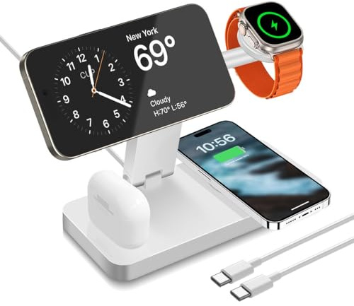 25W Magnetic Wireless Charger Stand Foldable 4in1 Wireless Charging Station compatible with Mag Safe Charger, for iPhone 17/16/15/14/13/12, Apple Watch Ultra 3/11/10/9/8/7/6/5/4 and AirPod pro/4/3/2