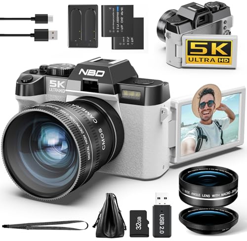 NBD 5K Digital Camera 64MP with Autofocus & 180° Flip Screen, 16X Zoom, wifi, Includes Macro/Wide-Angle Lenses, 64GB TF Card & 2 Batteries. Perfect for YouTube Beginners and Travel (White)