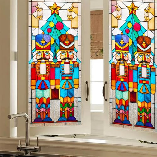 HOMETITUTE Nutcracker Soldiers Stained Glass Window Privacy Film Christmas Decorative Static Cling Glass Sticker for Home Office Bathroom Bedroom Living Room 17.7 x 39.3 Inch