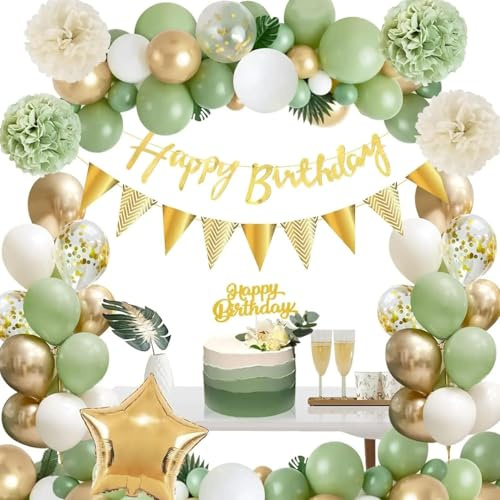 Birthday Party Decoration Set – Gold & Green Balloons, Happy Birthday Banner, Garland, Confetti Balloons – Reusable Party Supplies for Kids & Adults - 62 pcs