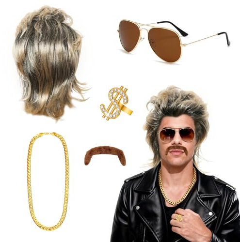 CIYIN 80er Jahre Outfit Herren Perücken 5er Set, Hip Hop Kostüm Kit, 70er 80er Jahre Kostüm Accessoires Herren Vokuhila Perücke für Rocker Disco Punk Hippie, Männer Karneval Fasching Perücke