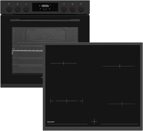 SHARP K-72P19BNH-EU Einbau-Herdset mit Glaskeramik-Kochfeld, 78 L, 9 Beheizungsarten, Heißluft, Easy to Clean, Timer, versenkbare Knebel, Matt Schwarz