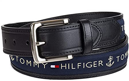 Tommy Hilfiger Men's Ribbon Inlay Fabric Belt with Single Prong Buckle, Black/Navy, 32
