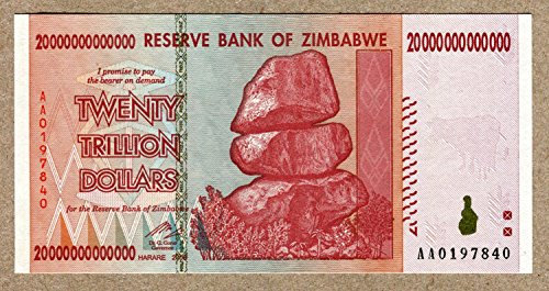 Zimbabwe 20 Trillion Dollar Extremely Low Serial AA01. Note Bill Money Inflation Record Currency Banknote by Zimbabwe Central Bank