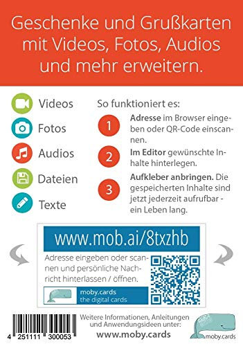 moby.cards 5x QR-Code-Aufkleberbogen standard im A7-Format. Verbinde deine Geschenke, Grußkarten etc. mit Fotos, Videos, Audios, Texten uvm. und gestalte sie individuell und persönlich.
