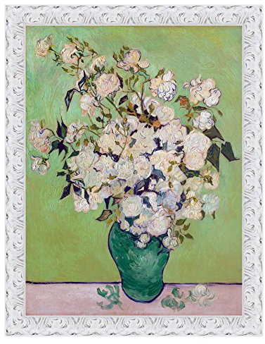 LuxHomeDecor Quadro Stampa su Tela Vincent Van Gogh Roses con Cornice in Legno Bianco Anticato Misura 53x43 CM