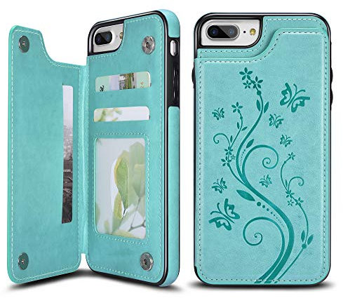 UEEBAI Case for iPhone 6 6S,Luxury PU Leather Case [Two Magnetic Clasp] [Card Slots] Stand Function Butterfly Flower Pattern Durable Shockproof Soft TPU Back Wallet Cover for iPhone 6/6S - Mint Green