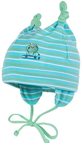 maximo Jungen Kinder-Mütze Ringel blau-grün mit Frosch-Stickerei & Zipfeln UV-Schutz 50+ Größe: 43
