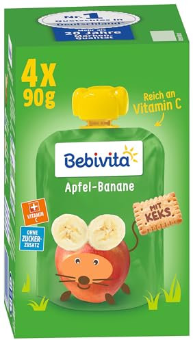 Bebivita Kinder-Spaß Frucht & Keks Apfel-Banane mit Keks, 4er Pack (4 x 4 x 90 g)