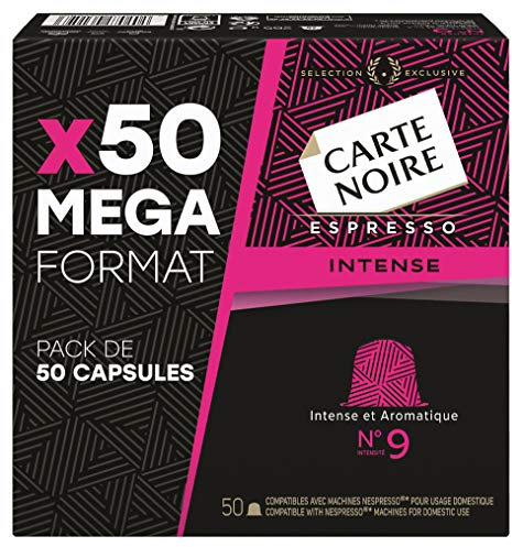 Carte Noire, Espresso Intense N°9, 50 Capsules de Café Compatibles avec les Machines à Café Nespresso, Idéal pour un Espresso au Goût Intense et des Notes Grillées, 100% Arabica, Intensité 9, 1 Paquet