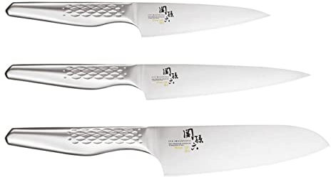KAI Seki Magoroku Shoso Juego de cuchillos 3 piezas - Cuchillo multiusos de 12 cm, Cuchillo multiusos de 15 cm, Santoku de 16,5 cm - Acero 5CR15MoV 56 (±1) HRC - Mango de acero inoxidable 18-8
