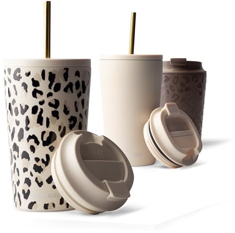 MAMEIDO Thermobecher mit Strohhalm 470 ml (Ivory Trace) | 4h heiß/12h kalt, auslaufsicher & BPA-frei mit Strohhalm- & Klappdeckel, Kaffeebecher to go aus Edelstahl – für Autohalter