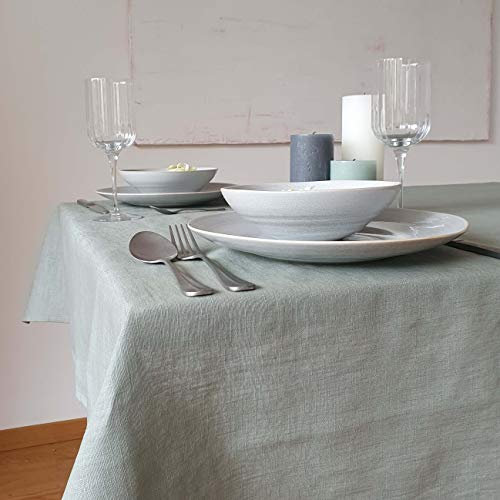 Farnberg Premium Tischdecke aus Leinen - Stofftischdecke für Küchentisch, Esstisch - Fleckschutz Tischtuch - Leinentischdecke - (135 x 200 cm) - (Uni-Salbei)
