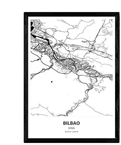 Nacnic Poster mit Karte von Bilbao - Spanien. Blätter von Städte in Spanien mit Meeren und Flüssen in schwarz und weiß. A3