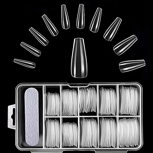 Husnshud False Nails - Set of 100 Full Cover Length Clear Nail Tips - Ballerina Fake Nails with File