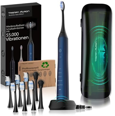 Tristan Auron Schallzahnbürste - 55.000 Schwingungen - 5 Modi - 60 Tage Akku + inkl. Etui mit UV Desinfektion und 6 Ersatzbürste und 2 Zungenreiniger - Business Class blau