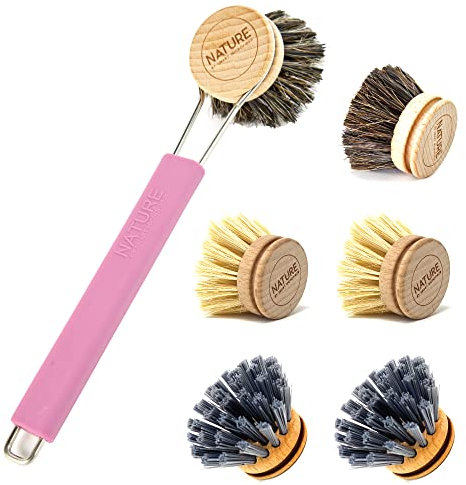 wilma nature XXL Set: Spülbürste + 6X Bürstenkopf | Halterung aus Edelstahl & Silikon, je 2X Rosshaar-, Kaktus- und Synthetikborstenkopf | austauschbar, nachhaltig: Farbe: rosa