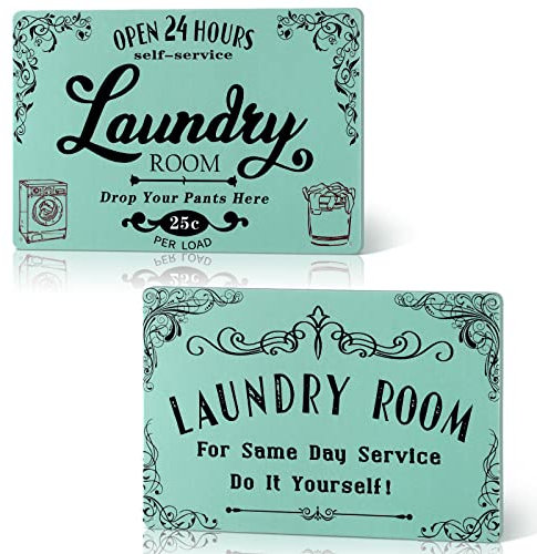 Zhengmy 2 Stück Vintage Waschküchen-Dekorationen, Retro-Metall-Blechschilder Open 24 Hours Laundry Room, Bauernhaus-Schild, Familie, inspirierendes Motto für Zuhause, Waschraum, Badezimmer, 30,5 x