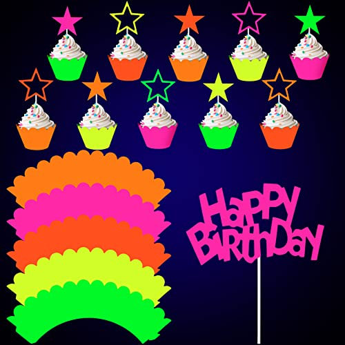 Dianelhall 41 Pieces Glow Neon Birthday Party Decorations Cupcake Topper Happy Cake Wrappers and Star Toppers for Wedding Black Light Reactive Decoration