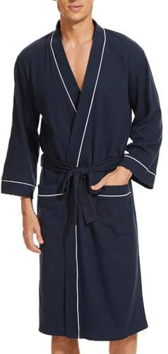 Mnemo Herren Bademantel Waffle Light Kimono Waffle Morgenmantel aus Bio-Baumwolle, Marine, M