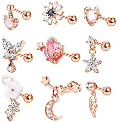 Kakonia 9Pcs Piercing Oreille Cartilage Acier Inoxydable Piercing Tragus Helix Conch Zircone Cubique Fleur Papillon Boucles d'oreilles Femme Bijoux Piercing 16G