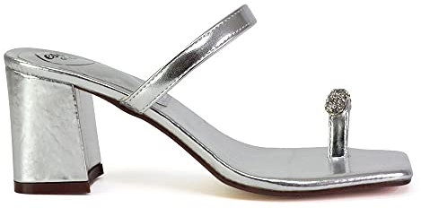 ESSEX GLAM Womens Low Block Heel Sandals Ladies Square Toe Diamante Slip On Sandals Size 3-8 Silver Metallic