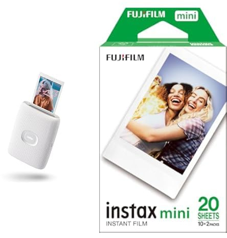 instax mini LINK2 mini film format portable smartphone instant photo printer, multiple templates, Clay White & Fujifilm mini instant film White Border, 20 shot Pack