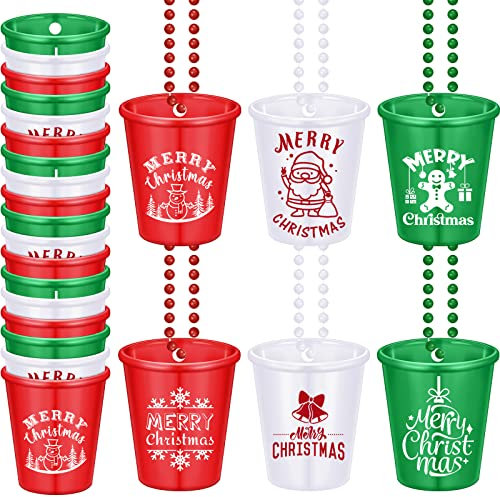 Trnayi 12 Pieces Plastic Shot Glass Necklaces, Christmas Themed Shot Glasses with Snowman, Snowflake, Santa, Gingerbread Man Designs, 6 Styles