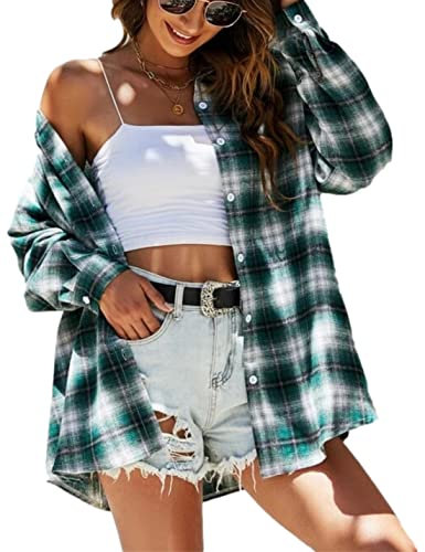 Zontroldy Chemise à carreaux en flanelle pour femme surdimensionnée à manches longues boutonnée, blanc/vert, Taille M