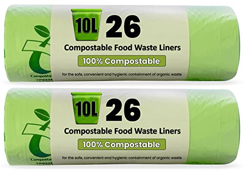 HooriPoori 10L 52 bags 100% Compostable Biodegradable Food Caddy Liners Strong and Leak proof Kitchen Caddy Food Waste Bags 100% Corn Starch Plastic Free Fully Compliant with EN 14323 & AS 4736