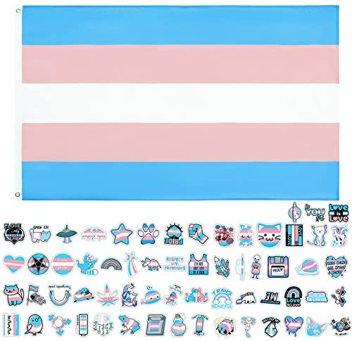 GoldRock Trans Flag Transgender Pride Stickers Set, Trans Flagge 150x90 cm+60 Stück Trans Aufkleber, Packer Transgender Pride Flag, Indoor Outdoor Diverse Urlaubs Party LGBT Flag, Gay Pride Flagge