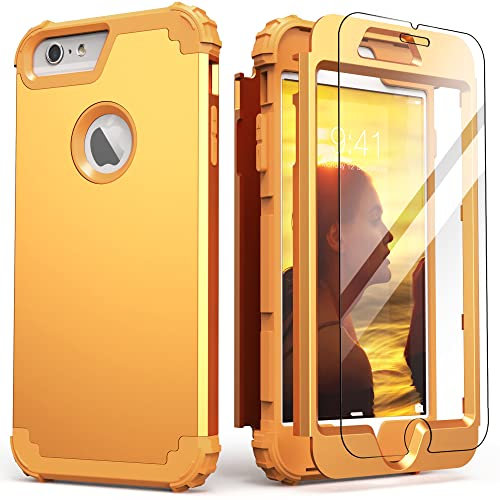 IDweel for iPhone 6S Plus Case with Screen Protector(Tempered Glass),for iPhone 6 Plus Case, 3 in 1 Shockproof Slim Hybrid Heavy Duty Hard PC Cover Soft Silicone Bumper Full Body Cover,Sundial Yellow