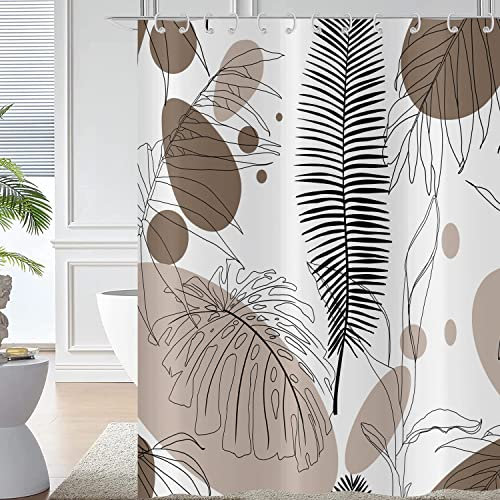 Hnmdmyi Duschvorhang Abstrakte Boho Blätter 180x200, Braun Mid Century Tropische Blatt Pflanze Badewanne Vorhang Modern Minimalistisch Geometrisch Wasserdicht Polyester Stoff Waschbar Badevorhang