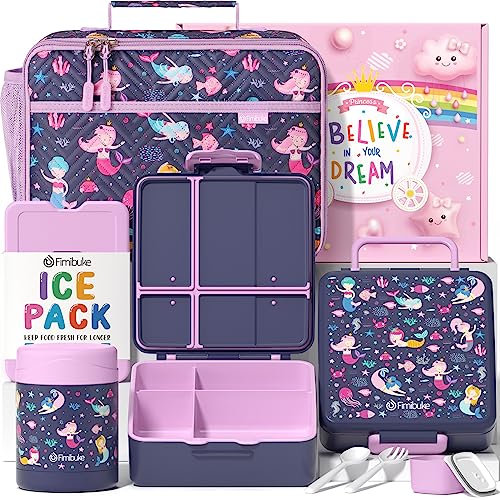 Fimibuke Lonchera Bento para niños con 4 compartimentos, bolsa de almuerzo aislada, termo de acero inoxidable al vacío, paquete de hielo, juego de utensilios, regalo de cumpleaños para edades de 3 a