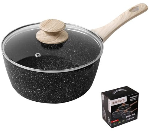 Rainberg Saucepan with Lid, Nonstick Milk Pan Suitable with Induction, Gas and Electric Hobs, Cooking Pot with Pour Spout. (Black, 18cm)