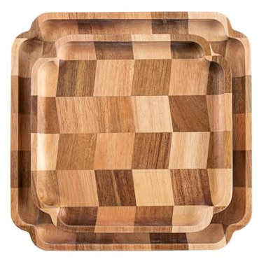 Wood Serving Tray, Set of 2 Square Serving Platter, Checkerboard Serving Tray Coffee Table Tray Decorative Tray for Food Serving Home Decor (1 x 24 cm, 1 x 20 cm)