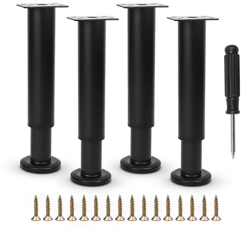 Furniture Adjustable Legs, Metal Bed Support Leg Central Slat Frame Couch Replacement Support Leg Part Heavy Duty Furniture Foot with Screwdriver for Cabinet/Dresser/Table/Sofa 18-32cm (Black 4 Pcs)