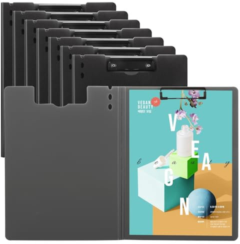 VIDETOL Pack de 8 portapapeles plegables A4, carpeta portapapeles 31,5 x 23,5 x 0,7 cm con tapa y clip metálico, carpeta de escritura negra para aula, oficina, restaurante