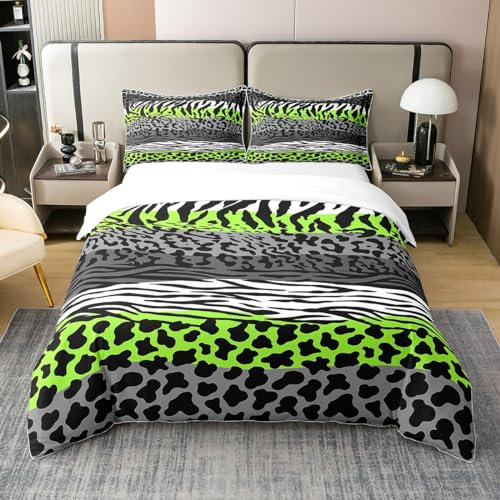 richhome 100% Natur Baumwolle Bettbezug 135x200, Grün Grau Geparden Zebra Haut Tröster Bezug für Jugendliche Jugend, Moderne Linien All SeasonSoft Bettwäsche