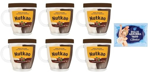 6er-Pack Nutkao Crema Bicolore Cacao,Nocciole e Vaniglia,Streichfähige Creme Kakao mit Haselnüssen und Vanille, 330g-Glas + 1er-Pack Kostenlos Felce Azzurra Talkumpuder, 100g-Beutel