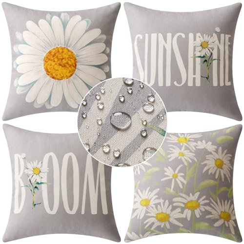 MIULEE Pack of 4er Kissenbezüge Outdoor wasserdichte Leinen Kissen wasserdichte Kissenbezug Gedruckte kissenhülle Für Zelt Park Bett Sofa Stuhl Schlafzimmer Dekorativ Balkon 45x45cm Grau Blümchen