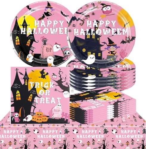 JUNBAOYYDS Platos de papel para Halloween, cumpleaños, fiestas, platos de papel, para niños, cumpleaños, fiestas, suministros (rosa)