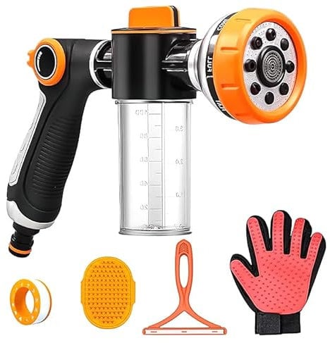 LYCN Dog Washing Hose Attachment, 8 in 1 Garden Hose Nozzle Sprayer with Soap Dispenser, Dog Shower Brush, Gloves for Watering Plant and Pet Hair Remover, Green