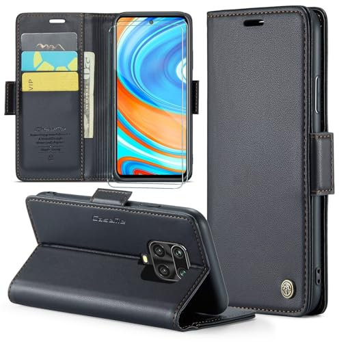 FERLAN Handyhülle für Xiaomi Redmi Note 9S/Redmi Note 9 Pro Hülle [Mit 2 Stück Panzer Schutz Glas] [Premium PU Leder] [RFID-Blockierung] [Kartenfach] Klapphülle für Redmi Note 9S/Note 9 Pro- Schwarz
