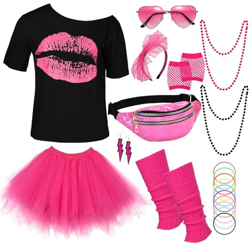 WERFORU 80er Jahre Outfit Damen Set Karneval Damen Set,T-Shirt, Tüll Rock, Herz Sonnenbrille,Stirnband, Netzhandschuhe, Halskette,Bauchtasche, Ohrringe,Beinwärmer,Silikonarmband