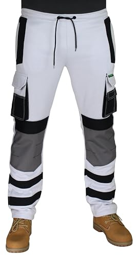 HASHOOB TRADING FZE Mens White Fleece Painter Trousers Decorators Cadura Knee Pad Pocket Workwear Pants