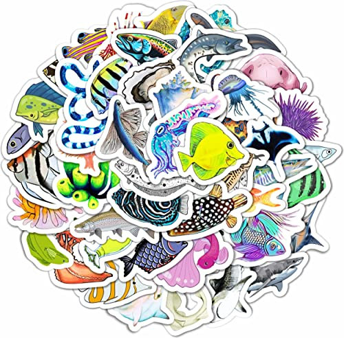 100 stück Ozean-Tier-Aufkleber, Ozean-Aufkleber, Ozean-Kreaturen-Sticker für Trinkflaschen, Unterwasserwelt, Wale, Fische, Haie, Muscheln, Delfin-Laptop-Aufkleber Ozeanparty-Geschenke - Ocean Stickers